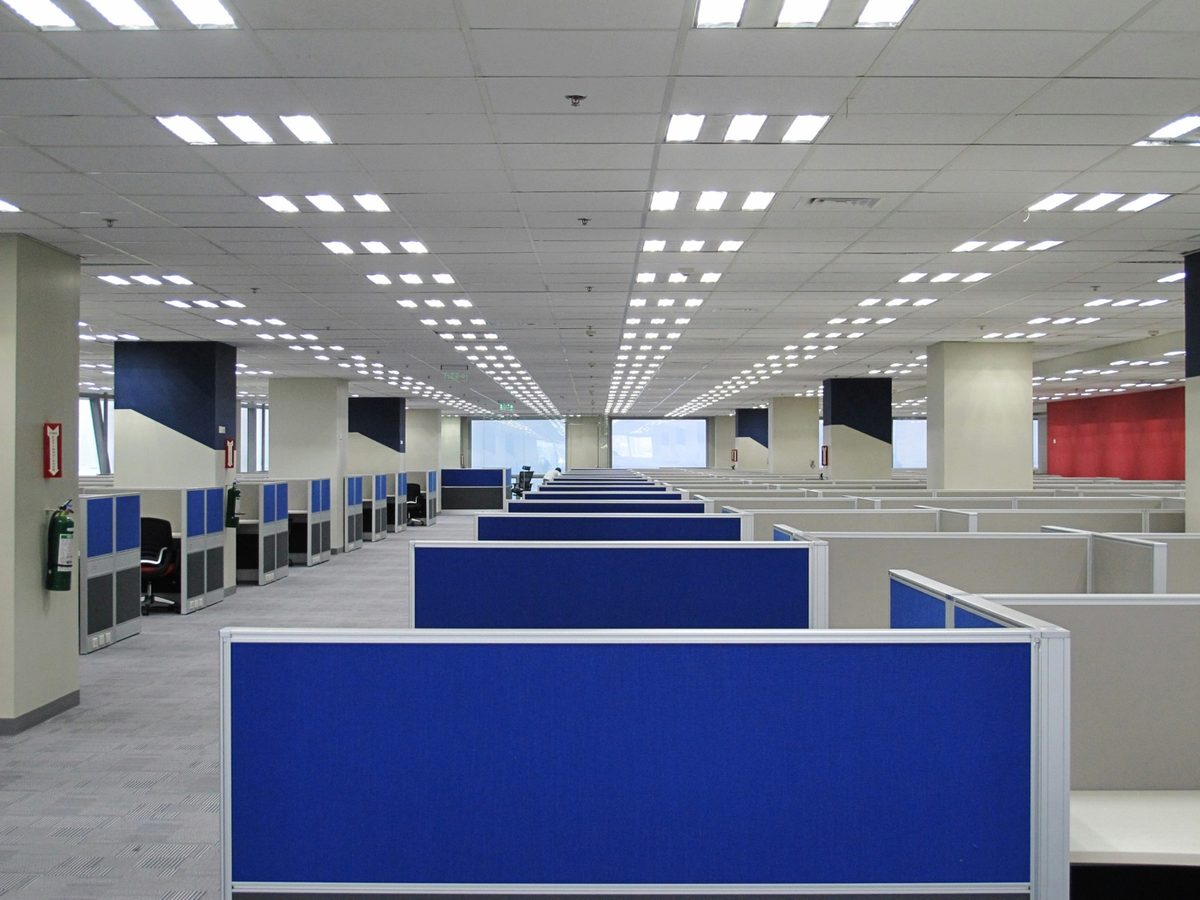 Open plan office fitout with workstations and lockers, Kew